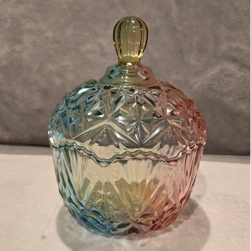 Rainbow Iridescent Diamond Cut Glass Lidded Candy Dish Trinket Box Pastel Ombre